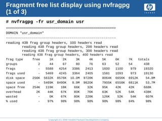 Copyright (C) 2008 Hewlett-Packard Development Company, L.P.
Fragment free list display using nvfragpg
(1 of 3)
# nvfragpg -fr usr_domain usr
=======================================================
DOMAIN "usr_domain"
-------------------------------------------------------
reading 438 frag group headers, 100 headers read
reading 438 frag group headers, 200 headers read
reading 438 frag group headers, 300 headers read
reading 438 frag group headers, 400 headers read
frag type free 1K 2K 3K 4K 5K 6K 7K totals
groups 2 44 67 80 76 63 52 54 438
frags - 5588 4254 3386 2413 1600 1100 979 19320
frags used - 5469 4245 3364 2405 1581 1093 973 19130
disk space 256K 5632K 8576K 10.0M 9728K 8064K 6656K 6912K 54.8M
space used - 5469K 8490K 9.9M 9620K 7905K 6558K 6811K 53.7M
space free 254K 119K 18K 66K 32K 95K 42K 42K 668K
overhead 2K 44K 67K 80K 76K 63K 52K 54K 438K
wasted - 0K 67K 80K 228K 126K 52K 54K 607K
% used - 97% 98% 98% 98% 98% 98% 84% 98%
 