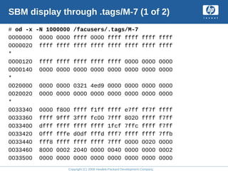 Copyright (C) 2008 Hewlett-Packard Development Company, L.P.
SBM display through .tags/M-7 (1 of 2)
# od -x -N 1000000 /facusers/.tags/M-7
0000000 0000 0000 ffff 0000 ffff ffff ffff ffff
0000020 ffff ffff ffff ffff ffff ffff ffff ffff
*
0000120 ffff ffff ffff ffff ffff 0000 0000 0000
0000140 0000 0000 0000 0000 0000 0000 0000 0000
*
0020000 0000 0000 0321 4ed9 0000 0000 0000 0000
0020020 0000 0000 0000 0000 0000 0000 0000 0000
*
0033340 0000 f800 ffff f1ff ffff e7ff ff7f ffff
0033360 ffff 9fff 3fff fc00 7fff 8020 ffff f7ff
0033400 dfff ffff ffff ffff 1fcf 7ffc ffff f7ff
0033420 0fff fffe d0df fffd fff7 ffff ffff 7ffb
0033440 fff8 ffff ffff ffff 7fff 0000 0020 0000
0033460 8000 0002 2040 0000 0040 0000 0000 0002
0033500 0000 0000 0000 0000 0000 0000 0000 0000
 