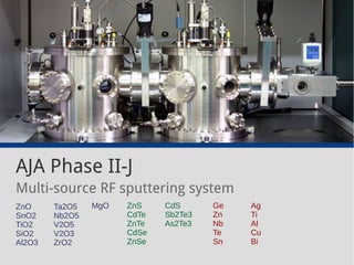 AJA Phase II-J 
Multi-source RF sputtering system 
ZnO 
Ta2O5 
ZnS 
CdS 
Ge 
SnO2 
Nb2O5 
CdTe 
Sb2Te3 
Zn 
TiO2 
V2O5 
ZnTe 
As2Te3 
Nb 
SiO2 
V2O3 
CdSe 
Te 
Al2O3 
ZrO2 
ZnSe 
Sn 
Ag 
Ti 
Al 
Cu 
Bi 
MgO 
 