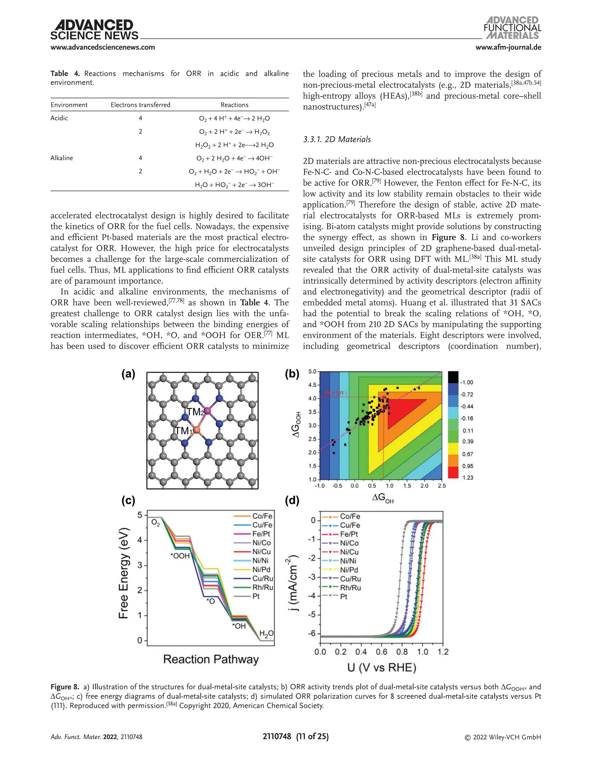 www.afm-journal.de
www.advancedsciencenews.com
2110748 (11 of 25) © 2022 Wiley-VCH GmbH
accelerated electrocatalyst design is highly desired to facilitate
the kinetics of ORR for the fuel cells. Nowadays, the expensive
and efficient Pt-based materials are the most practical electro-
catalyst for ORR. However, the high price for electrocatalysts
becomes a challenge for the large-scale commercialization of
fuel cells. Thus, ML applications to find efficient ORR catalysts
are of paramount importance.
In acidic and alkaline environments, the mechanisms of
ORR have been well-reviewed,[77,78] as shown in Table 4. The
greatest challenge to ORR catalyst design lies with the unfa-
vorable scaling relationships between the binding energies of
reaction intermediates, *OH, *O, and *OOH for OER.[77] ML
has been used to discover efficient ORR catalysts to minimize
the loading of precious metals and to improve the design of
non-precious-metal electrocatalysts (e.g., 2D materials,[38a,47b,54]
high-entropy alloys (HEAs),[38b] and precious-metal core–shell
nanostructures).[47a]
3.3.1. 2D Materials
2D materials are attractive non-precious electrocatalysts because
Fe-N-C- and Co-N-C-based electrocatalysts have been found to
be active for ORR.[79] However, the Fenton effect for Fe-N-C, its
low activity and its low stability remain obstacles to their wide
application.[79] Therefore the design of stable, active 2D mate-
rial electrocatalysts for ORR-based MLs is extremely prom-
ising. Bi-atom catalysts might provide solutions by constructing
the synergy effect, as shown in Figure 8. Li and co-workers
unveiled design principles of 2D graphene-based dual-metal-
site catalysts for ORR using DFT with ML.[38a] This ML study
revealed that the ORR activity of dual-metal-site catalysts was
intrinsically determined by activity descriptors (electron affinity
and electronegativity) and the geometrical descriptor (radii of
embedded metal atoms). Huang et al. illustrated that 31 SACs
had the potential to break the scaling relations of *OH, *O,
and *OOH from 210 2D SACs by manipulating the supporting
environment of the materials. Eight descriptors were involved,
including geometrical descriptors (coordination number),
Table 4. Reactions mechanisms for ORR in acidic and alkaline
environment.
Environment Electrons transferred Reactions
Acidic 4 O2 + 4 H+
+ 4e−
→ 2 H2O
2 O2 + 2 H+
+ 2e−
→ H2O2
H2O2 + 2 H+ + 2e−→2 H2O
Alkaline 4 O2 + 2 H2O + 4e− → 4OH−
2 O2 + H2O + 2e−
→ HO2
−
+ OH−
H2O + HO2
−
+ 2e−
→ 3OH−
Figure 8. a) Illustration of the structures for dual-metal-site catalysts; b) ORR activity trends plot of dual-metal-site catalysts versus both ΔGOOH* and
ΔGOH*; c) free energy diagrams of dual-metal-site catalysts; d) simulated ORR polarization curves for 8 screened dual-metal-site catalysts versus Pt
(111). Reproduced with permission.[38a] Copyright 2020, American Chemical Society.
Adv. Funct. Mater. 2022, 2110748
 