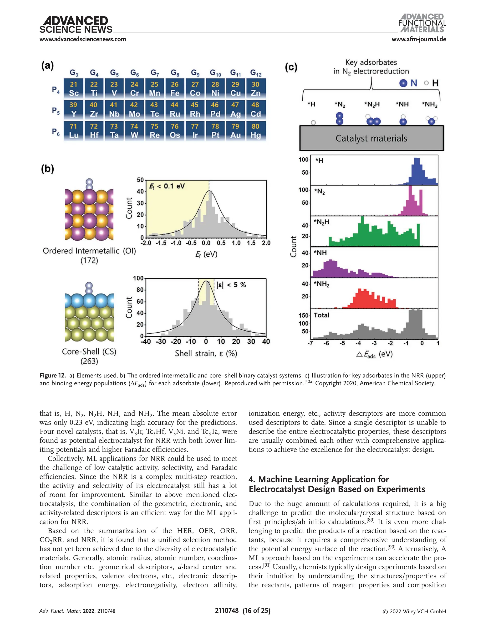 www.afm-journal.de
www.advancedsciencenews.com
2110748 (16 of 25) © 2022 Wiley-VCH GmbH
that is, H, N2, N2H, NH, and NH2. The mean absolute error
was only 0.23 eV, indicating high accuracy for the predictions.
Four novel catalysts, that is, V3Ir, Tc3Hf, V3Ni, and Tc3Ta, were
found as potential electrocatalyst for NRR with both lower lim-
iting potentials and higher Faradaic efficiencies.
Collectively, ML applications for NRR could be used to meet
the challenge of low catalytic activity, selectivity, and Faradaic
efficiencies. Since the NRR is a complex multi-step reaction,
the activity and selectivity of its electrocatalyst still has a lot
of room for improvement. Similar to above mentioned elec-
trocatalysis, the combination of the geometric, electronic, and
activity-related descriptors is an efficient way for the ML appli-
cation for NRR.
Based on the summarization of the HER, OER, ORR,
CO2RR, and NRR, it is found that a unified selection method
has not yet been achieved due to the diversity of electrocatalytic
materials. Generally, atomic radius, atomic number, coordina-
tion number etc. geometrical descriptors, d-band center and
related properties, valence electrons, etc., electronic descrip-
tors, adsorption energy, electronegativity, electron affinity,
ionization energy, etc., activity descriptors are more common
used descriptors to date. Since a single descriptor is unable to
describe the entire electrocatalytic properties, these descriptors
are usually combined each other with comprehensive applica-
tions to achieve the excellence for the electrocatalyst design.
4. Machine Learning Application for
Electrocatalyst Design Based on Experiments
Due to the huge amount of calculations required, it is a big
challenge to predict the molecular/crystal structure based on
first principles/ab initio calculations.[89]
It is even more chal-
lenging to predict the products of a reaction based on the reac-
tants, because it requires a comprehensive understanding of
the potential energy surface of the reaction.[90]
Alternatively, A
ML approach based on the experiments can accelerate the pro-
cess.[91]
Usually, chemists typically design experiments based on
their intuition by understanding the structures/properties of
the reactants, patterns of reagent properties and composition
Figure 12. a) Elements used. b) The ordered intermetallic and core–shell binary catalyst systems. c) Illustration for key adsorbates in the NRR (upper)
and binding energy populations (ΔEads) for each adsorbate (lower). Reproduced with permission.[40a]
Copyright 2020, American Chemical Society.
Adv. Funct. Mater. 2022, 2110748
 