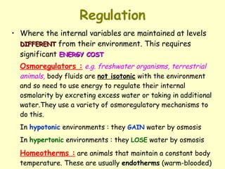Regulation Where the internal variables are maintained at levels  DIFFERENT  from their environment. This requires significant  ENERGY COST Osmoregulators :   e.g. freshwater organisms, terrestrial animals,  body fluids are  not isotonic  with the environment and so need to use energy to regulate their internal osmolarity by excreting excess water or taking in additional water.They use a variety of osmoregulatory mechanisms to do this.   In  hypotonic  environments : they  GAIN  water by osmosis In  hypertonic  environments : they  LOSE  water by osmosis  Homeotherms :   are animals that maintain a constant body temperature. These are usually  endotherms  (warm-blooded) that derive heat from metabolism  e .g. mammals, insects, birds 