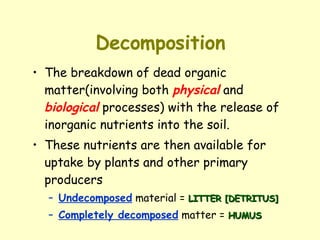 Decomposition The breakdown of dead organic matter(involving both  physical  and  biological  processes) with the release of inorganic nutrients into the soil.  These nutrients are then available for uptake by plants and other primary producers Undecomposed  material =  LITTER [DETRITUS] Completely decomposed  matter =  HUMUS 