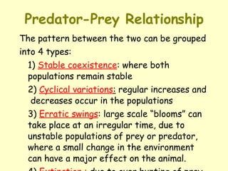 Predator-Prey Relationship The pattern between the two can be grouped into 4 types: 1)  Stable coexistence : where both  populations remain stable  2)  Cyclical variations :  regular increases and  decreases occur in the populations 3)  Erratic swings : large scale “blooms” can take place at an irregular time, due to unstable populations of prey or predator, where a small change in the environment can have a major effect on the animal. 4)  Extinction :  due to over hunting of prey 