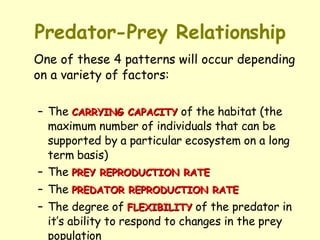 Predator-Prey Relationship One of these 4 patterns will occur depending on a variety of factors:  The  CARRYING CAPACITY  of the habitat (the maximum number of individuals that can be supported by a particular ecosystem on a long term basis)  The  PREY REPRODUCTION RATE The  PREDATOR REPRODUCTION RATE   The degree of  FLEXIBILITY  of the predator in it’s ability to respond to changes in the prey population 