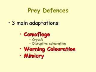 Prey Defences 3 main adaptations: Camoflage - Crypsis - Disruptive colouration Warning Colouration Mimicry 