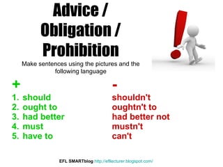 Advice / Obligation /
Prohibition
Make sentences using the pictures and
the following language

+
1.
2.
3.
4.
5.

should
ought to
had better
must
have to

shouldn't
oughtn't to
had better not
mustn't
can't

EFL SMARTblog http://efllecturer.blogspot.com/

 