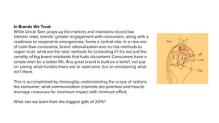 In Brands We Trust
While Uncle Sam props up the markets and maintains record low
interest rates, brands’ greater engagement with consumers, along with a
readiness to respond to emergencies, forms a central role. In a new era
of cash-flow constraints, brand rationalization and no-risk methods to
regain trust, what are the best methods for protecting it? It’s not just the
venality of big brand misdeeds that fuels discontent: Consumers have a
simple wish for a better life. Any great brand is built on a belief, not just
on seeing what hurdles there are to overcome, but on envisioning what
isn’t there.
This is accomplished by thoroughly understanding the scope of options,
the consumer, what communication channels are priorities and how to
leverage resources for maximum impact with minimum effort.
What can we learn from the biggest gafs of 2015?
 