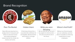 Brand Recognition
Pass The Bucket
Steve Ells was beached on a
sludge bank of corporate puff
before he became human
and simply apologized.
Lesson learned: be simple, be
honest, be human.
Hidden Intent
A foot long of deceit for a
scoundrel who will likely not
be forgotten. Brands decline
when they’re no longer
sublime.
While you were
Sleeping
We are what we do, but we’ll
be judged on what we did in
the past not what we do in
the future.
Where’s that Profit?
Without non-financial goals
you are rudderless, but that
doesn’t translate to enforcing
unpaid leave on your
employees.
 