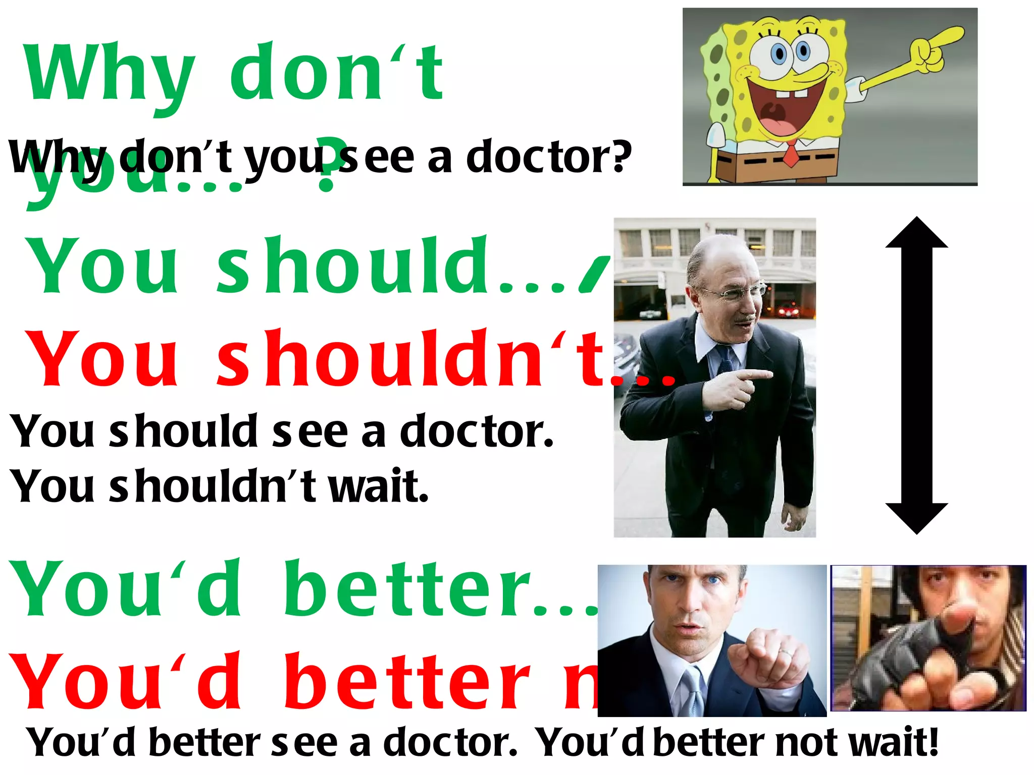 Why d o n' t
yo u... ?
Why don’t you s ee a doctor?

Yo u s ho uld .../
Yo u s ho uld n' t...
You s hould s ee a doctor.
You s houldn’t wait.

Yo u' d b e tte r.../
Yo u' d b e tte r no t...
You’d better s ee a doctor. You’d better not wait!
 
