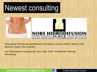 Newest consulting
Preparation of technical specifications for 8 species: Jasmin, Vetiver, Nardo, Cafe,
Balsamo, Styrax, Chía, Ambrett
Line Development massage oils: face, neck, chest. Orange Peel. Relaxing,
Stimulating.
pinedaresearchcenter@gmail.com Pineda Research Center
 