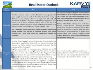 15
Real Estate Outlook
Asset
Classes
Tier I Tier II
Residential
There has been some positive news for affordable housing segment in the
recent budget. Issuance of bonds by financial institutions for lending to
affordable housing segment shall be exempt from CRR and SLR
requirements. (In the Tier I cities, loans to affordable housing segment mean
loans of up to Rs. 50 lacs for homes worth up to Rs. 65 lacs. This could
translate into some reduction in the interest cost for home buyers and could
give some boost to sales of mid-income projects in the Tier I cities.
With a single party majority at the Centre and the consequent stable political
outlook, enquires and foot-falls at residential projects have started
increasing. With a lag of a few months, this is expected to translate into
actual sales.
The sops on lending to affordable housing segment
announced in the recent budget may affect the sales in
Tier II cities as well with a lag of a few months. In Tier II
cities, loans to affordable housing mean loans of up to
Rs. 40 lacs for homes worth up to Rs. 50 lacs.
Demand in Tier II cities is largely driven by the trend
towards nuclear families, increasing disposable
income, rising aspiration to own quality products & the
growth in infrastructure facilities in these cities. Price
appreciation is more concentrated to specific micro-
markets in these cities. Cities like Chandigarh, Jaipur,
Lucknow, Ahmedabad, Bhopal, Nagpur, Patna & Cochin
are expected to perform well.
Commercial
/IT
Currently, the over-supply in commercial asset class still continues, thereby
dampening the capital values. While rentals have been seen increasing at a
slow pace over the last couple of months, they still remain lower than the
peal values achieved in the past.
Enquiries have started from companies across industries such as IT,
consultancy & e-commerce for leasing & buying office space in expectations
of an economic boom under a stable central govt. The change in the uptake
of commercial asset class is slower than residential & it could take a couple
of quarters before commercial asset class absorption starts increasing.
In the recent budget, clarifications have been offered on the tax aspects of
REITs (Real Estate Investment Trusts). The final regulations are expected in
the next 2-3 months. Once the regulations come into effect & provided the
much needed exit option to developers & funds, institutional interest in the
asset class could increase, thereby giving it a boost.
Lease rentals as well as capital values continue to be
stable at their current levels in the commercial asset
class. Low unit sizes have played an important role in
maintaining the absorption levels in these markets.
 