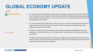 GLOBAL ECONOMY UPDATE
UNITED STATES  U.S. economic growth unexpectedly remained tepid in the second quarter as inventories fell for the first
time in nearly five years and business investment weakened further, offsetting robust consumer spending.
Gross domestic product increased at a 1.2 percent annual rate after rising by a downwardly revised 0.8
percent pace in the first quarter.
 U.S. home resales hit their highest level in nearly 9-1/2 years in June as low interest rates lured first-time
buyers into the market and the number of Americans filing for unemployment benefits fell last week,
underscoring the economy's strength.
JAPAN
 The Bank of Japan's review of its monetary stimulus programme promised for September has revived
expectations it could adopt some form of "helicopter money", printing money for government spending to
spur inflation..
 The Bank of Japan expanded stimulus by doubling purchases of exchange-traded funds (ETF), yielding to
pressure from the government and financial markets for bolder action, but disappointing investors who had
set their hearts on more audacious measures.
Source – Reuters
 