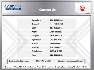 Contact Us

                                  Bangalore               080-26606126
                                  Chennai                 044-45925923
                                  Delhi                   011-43533941
                                  Kochi                  0484-2322152
                                  Gurgaon                0124-4780228
                                  Hyderabad              040-44507282
                                  Kolkata                033-40515100
                                  Mumbai                 022-33055000
                                  Coimbatore             0422-4291018
                                  Pune                    020-30116238

     Email: wealth@karvy.com            SMS: ‘HNI’ to 56767         Website: www.karvywealth.com


Corporate Office : 702, Hallmark Business Plaza, Off Bandra Kurla Complex, Bandra (East), Mumbai – 400 051
                                                                                                             20
 