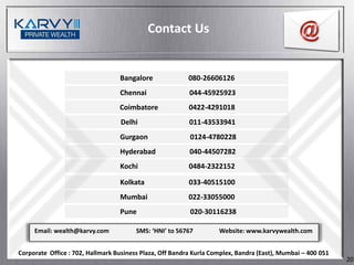 Contact Us


                                  Bangalore               080-26606126
                                  Chennai                 044-45925923
                                  Coimbatore              0422-4291018
                                  Delhi                   011-43533941
                                  Gurgaon                 0124-4780228
                                  Hyderabad               040-44507282
                                  Kochi                   0484-2322152

                                  Kolkata                 033-40515100
                                  Mumbai                  022-33055000
                                  Pune                    020-30116238

     Email: wealth@karvy.com            SMS: ‘HNI’ to 56767         Website: www.karvywealth.com


Corporate Office : 702, Hallmark Business Plaza, Off Bandra Kurla Complex, Bandra (East), Mumbai – 400 051
                                                                                                             20
 