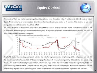 Equity Outlook

The month of April saw market staying range bound due adverse news flow about India. FII sold around 300mn$ worth of Indian
Equity. There were a lot of concerns about GAAR (General anti-avoidance rules) related to FII taxation. Also, absence of fuel price
deregulation also led to concerns about fiscal deficit.
We believe that most of the concerns are overdone. The GAAR issue should clarified within this month as the Finance bill will be put
in parliament. Monetary policy has remained extremely easy in developed part of the world and developing markets like China &
India have started the monetary easing cycle.




Finally, RBI started the monetary easing cycle with the first cut after eighteen months of tightening. With a 50bps repo rate cut, RBI
has clearly become less hawkish. With IIP data showing significant cool-off in manufacturing activity, RBI decided to give growth a big
thrust. Non-food manufactured products inflation, which was 8.4 per cent in November 2011, decelerated significantly to 5.8 per
cent in February and further to 4.7 per cent in March 2012 giving RBI the necessary cushion to cut. A slowdown in domestic demand
and softening of global non-oil commodity prices has led to reduction in non-food inflation which is expected to stay low in FY13
                                                                                                                                          8
 