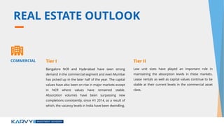 REAL ESTATE OUTLOOK
Bangalore NCR and Hyderabad have seen strong
demand in the commercial segment and even Mumbai
has picked up in the later half of the year. The capital
values have also been on rise in major markets except
in NCR where values have remained stable.
Absorption volumes have been surpassing new
completions consistently, since H1 2014, as a result of
which, the vacancy levels in India have been dwindling.
Low unit sizes have played an important role in
maintaining the absorption levels in these markets.
Lease rentals as well as capital values continue to be
stable at their current levels in the commercial asset
class.
COMMERCIAL Tier I Tier II
 