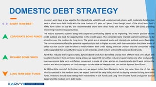 DOMESTIC DEBT STRATEGY
SHORT TERM DEBT
Investors who have a low appetite for interest rate volatility and seeking accrual returns with moderate duration can
look at short term debt funds with the time horizon of 1 year to 2 years. Even though, most of the short term fund’s
YTMs have fallen to sub-8%, our recommended short term debt funds still have high YTMs (8%-10%) providing
interesting investment opportunities.
CORPORATE BOND FUNDS
The macro economic outlook along with corporate profitability seems to be improving. We remain positive on the
credit outlook and look for opportunities in the credit space. The corporate bond market segment continues to be
attractive over the medium to long term. The yields are at elevated levels and interest rate outlook seems favorable.
The current scenario offers the potential opportunity to lock in higher accruals, with the expectation that these levels of
yields may not sustain over the short to medium term. With credit easing, there are chances that the companies’ rating
will be upgraded that would further cause a rally in bonds, which in turn will benefit corporate bond funds.
DYNAMIC BOND FUNDS
As RBI has reduced the key policy rates, dynamic bond funds have benefited a lot as most of them have a mix of gilt and
long term bonds in their portfolio. Going ahead, we expect RBI to further reduce key policy rates only after studying the
macro-economic data such as inflation, movement in crude oil prices and so on. Investors who don’t want to time the
market and who can depend on fund managers to take view on interest rates can look at dynamic bond funds.
LONG TERM DEBT FUNDS
As RBI has little room left for further rate cuts, we expect Indian Debt Market to factor the same. Since the US Fed rate
hike is expected in the medium term, we expect there will be very little juice left in staying invested in long term debt
funds. Investors should start exiting their investments in Gilt Funds and Long Term Income Funds and go for accrual
based short to medium term debt funds.
 