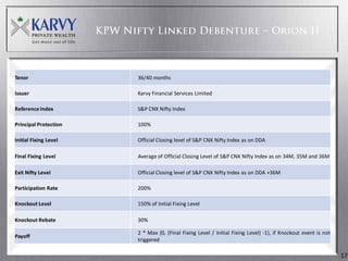 Tenor                  36/40 months

Issuer                 Karvy Financial Services Limited

Reference Index        S&P CNX Nifty Index

Principal Protection   100%

Initial Fixing Level   Official Closing level of S&P CNX Nifty Index as on DDA

Final Fixing Level     Average of Official Closing Level of S&P CNX Nifty Index as on 34M, 35M and 36M

Exit Nifty Level       Official Closing level of S&P CNX Nifty Index as on DDA +36M

Participation Rate     200%

Knockout Level         150% of Initial Fixing Level

Knockout Rebate        30%

                       2 * Max {0, (Final Fixing Level / Initial Fixing Level) -1}, if Knockout event is not
Payoff
                       triggered

                                                                                                               17
 