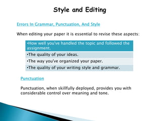 Style and Editing
Errors In Grammar, Punctuation, And Style
When editing your paper it is essential to revise these aspects:
•How well you've handled the topic and followed the
assignment.
•The quality of your ideas.
•The way you've organized your paper.
•The quality of your writing style and grammar.
Punctuation
Punctuation, when skillfully deployed, provides you with
considerable control over meaning and tone.
 