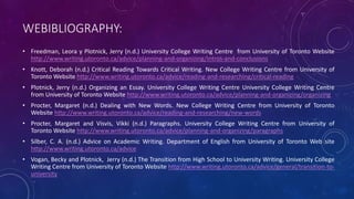 WEBIBLIOGRAPHY:
• Freedman, Leora y Plotnick, Jerry (n.d.) University College Writing Centre from University of Toronto Website
http://www.writing.utoronto.ca/advice/planning-and-organizing/intros-and-conclusions
• Knott, Deborah (n.d.) Critical Reading Towards Critical Writing. New College Writing Centre from University of
Toronto Website http://www.writing.utoronto.ca/advice/reading-and-researching/critical-reading
• Plotnick, Jerry (n.d.) Organizing an Essay. University College Writing Centre University College Writing Centre
from University of Toronto Website http://www.writing.utoronto.ca/advice/planning-and-organizing/organizing
• Procter, Margaret (n.d.) Dealing with New Words. New College Writing Centre from University of Toronto
Website http://www.writing.utoronto.ca/advice/reading-and-researching/new-words
• Procter, Margaret and Visvis, Vikki (n.d.) Paragraphs. University College Writing Centre from University of
Toronto Website http://www.writing.utoronto.ca/advice/planning-and-organizing/paragraphs
• Silber, C. A. (n.d.) Advice on Academic Writing. Department of English from University of Toronto Web site
http://www.writing.utoronto.ca/advice
• Vogan, Becky and Plotnick, Jerry (n.d.) The Transition from High School to University Writing. University College
Writing Centre from University of Toronto Website http://www.writing.utoronto.ca/advice/general/transition-to-
university
 