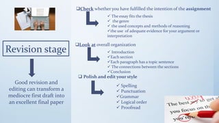 Revision stage
Good revision and
editing can transform a
mediocre first draft into
an excellent final paper
Check whether you have fulfilled the intention of the assignment
 The essay fits the thesis
 the genre
 the used concepts and methods of reasoning
the use of adequate evidence for your argument or
interpretation
Look at overall organization
 Introduction
Each section
Each paragraph has a topic sentence
 The connections between the sections
Conclusion
 Polish and edit your style
 Spelling
 Punctuation
Grammar
 Logical order
 Proofread
 