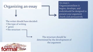 Organizing an essay
An essay's
Organization(how it
begins, develops, and
ends)should be designed to
present your argument
clearly and persuasively
The writer should have decided:
the type of writing
 genre
the structure
The structure should be
determined by the development of
the argument
 