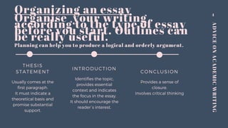 ADVICEONACADEMICWRITING
4
THESIS
STATEMENT
Usually comes at the
first paragraph.
It must indicate a
theoretical basis and
promise substantial
support.
INTRODUCTION
Identifies the topic,
provides essential
context and indicates
the focus in the essay.
It should encourage the
reader´s interest.
CONCLUSION
Provides a sense of
closure.
Involves critical thinking
Organizing an essay
Organise your writing
according to the type of essay
before you start. Outlines can
be really useful.
Planning can help you to produce a logical and orderly argument.
 