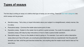 Types of essays
The first step to writing an essay is to define what type of essay you are writing. There are four main categories into
which essays can be grouped:
● Narrative essay - Tell a story or impart information about your subject in a straightforward, orderly manner, like
in a story.
● Persuasive essay - Convince the reader about some point of view.
● Expository essay - Explain to the reader how to perform a given process. You could, for example, write an
expository essay with step-by-step instructions on how to make a peanut butter sandwich.
● Descriptive essay - Focus on the details of what is going on. For example, if you want to write a descriptive
essay about your trip to the park, you would give great detail about what you experienced: how the grass felt
beneath your feet, what the park benches looked like, and anything else the reader would need to feel as if he
were there.
 