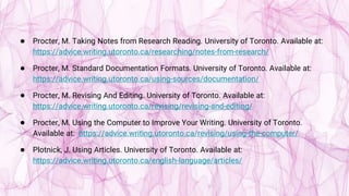 ● Procter, M. Taking Notes from Research Reading. University of Toronto. Available at:
https://advice.writing.utoronto.ca/researching/notes-from-research/
● Procter, M. Standard Documentation Formats. University of Toronto. Available at:
https://advice.writing.utoronto.ca/using-sources/documentation/
● Procter, M. Revising And Editing. University of Toronto. Available at:
https://advice.writing.utoronto.ca/revising/revising-and-editing/
● Procter, M. Using the Computer to Improve Your Writing. University of Toronto.
Available at: https://advice.writing.utoronto.ca/revising/using-the-computer/
● Plotnick, J. Using Articles. University of Toronto. Available at:
https://advice.writing.utoronto.ca/english-language/articles/
 