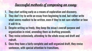 Successful methods of composing an essay:
1. They start writing early as a means of exploration and discovery.
2. They don’t try to write an essay from beginning to end, but rather write
what seems readiest to be written, even if they’re not sure whether or how
it will fit in.
3. Despite writing so freely, they keep the essay’s overall purpose and
organization in mind, amending them as drafting proceeds.
4. They revise extensively, attending to the whole essay and draft and
redraft.
5. Once they have a fairly complete and well-organized draft, they revise
sentences, with special attention to transitions.
 
