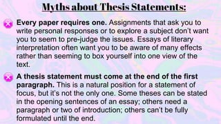 Myths about Thesis Statements:
Every paper requires one. Assignments that ask you to
write personal responses or to explore a subject don’t want
you to seem to pre-judge the issues. Essays of literary
interpretation often want you to be aware of many effects
rather than seeming to box yourself into one view of the
text.
A thesis statement must come at the end of the first
paragraph. This is a natural position for a statement of
focus, but it’s not the only one. Some theses can be stated
in the opening sentences of an essay; others need a
paragraph or two of introduction; others can’t be fully
formulated until the end.
 
