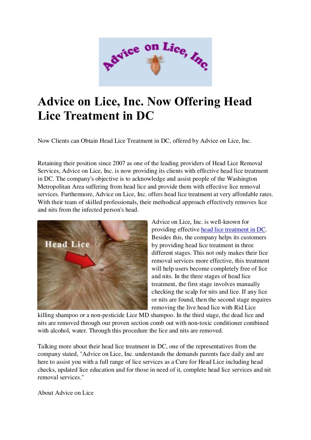 Advice on Lice, Inc. Now Offering Head Lice Treatment in DC