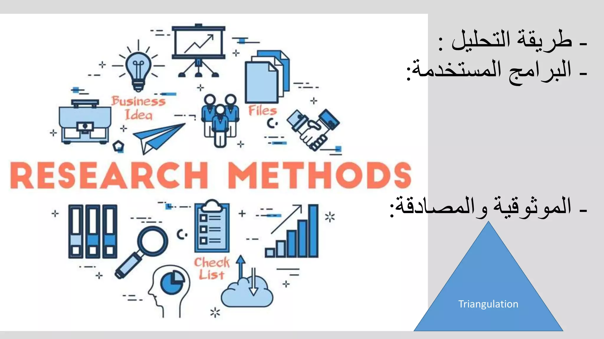-‫التحليل‬ ‫طريقة‬:
-‫المستخدمة‬ ‫البرامج‬:
-‫والمصادقة‬ ‫الموثوقية‬:
Triangulation
 