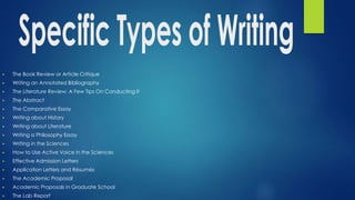 ▶ The Book Review or Article Critique
▶ Writing an Annotated Bibliography
▶ The Literature Review: A Few Tips On Conducting It
▶ The Abstract
▶ The Comparative Essay
▶ Writing about History
▶ Writing about Literature
▶ Writing a Philosophy Essay
▶ Writing in the Sciences
▶ How to Use Active Voice in the Sciences
▶ Effective Admission Letters
▶ Application Letters and Résumés
▶ The Academic Proposal
▶ Academic Proposals in Graduate School
▶ The Lab Report
 