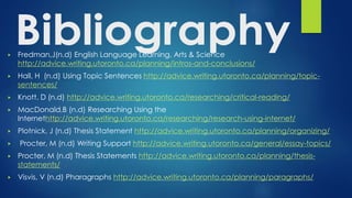 ▶ Fredman,J(n.d) English Language Learning, Arts & Science
http://advice.writing.utoronto.ca/planning/intros-and-conclusions/
▶ Hall, H (n.d) Using Topic Sentences http://advice.writing.utoronto.ca/planning/topic-
sentences/
▶ Knott, D (n.d) http://advice.writing.utoronto.ca/researching/critical-reading/
▶ MacDonald,B (n.d) Researching Using the
Internethttp://advice.writing.utoronto.ca/researching/research-using-internet/
▶ Plotnick, J (n.d) Thesis Statement http://advice.writing.utoronto.ca/planning/organizing/
▶ Procter, M (n.d) Writing Support http://advice.writing.utoronto.ca/general/essay-topics/
▶ Procter, M (n.d) Thesis Statements http://advice.writing.utoronto.ca/planning/thesis-
statements/
▶ Visvis, V (n.d) Pharagraphs http://advice.writing.utoronto.ca/planning/paragraphs/
 