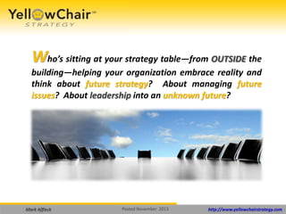 Who’s sitting at your strategy table—from OUTSIDE the
building—helping your organization embrace reality and
think about future strategy? About managing future
issues? About leadership into an unknown future?

Mark Affleck

Posted November 2013

http://www.yellowchairstrategy.com

 