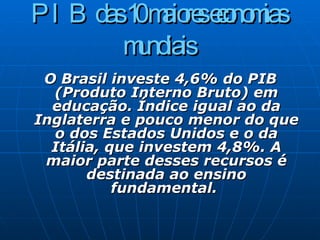 O Brasil investe 4,6% do PIB (Produto Interno Bruto) em educação. Índice igual ao da Inglaterra e pouco menor do que o dos Estados Unidos e o da Itália, que investem 4,8%. A maior parte desses recursos é destinada ao ensino fundamental.    PIB das 10 maiores economias mundiais 