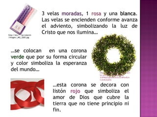 3 velas moradas, 1 rosa y una blanca.
                           Las velas se encienden conforme avanza
                           el adviento, simbolizando la luz de
http://levita.me/colorim
                           Cristo que nos ilumina…
/images/_MG_3265.jpg




  …se colocan en una corona
  verde que por su forma circular
  y color simboliza la esperanza
  del mundo…                                        http://t1.gstatic.com/images?q=t
                                                    bn:ANd9GcSzjvdgEQPM5IW-
                                                    Zt5PMOGQRoD6OEiDZAciBPavIGm
                                                    rcxk4LEaaEQ


                               …esta     corona se decora con
                               listón    rojo que simboliza el
                               amor     de Dios que cubre la
                               tierra   que no tiene principio ni
                               fin.
 