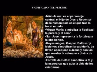 SIGNIFICADO DEL PESEBRE
•Niño Jesús: es el personaje
central, el Hijo de Dios y Redentor
de la humanidad, es el que trae la
luz al mundo.
•Virgen María: simboliza la fidelidad,
la pureza y el amor.
•San José: representa la fortaleza y
la obediencia.
•Reyes magos, Gaspar, Baltasar y
Melchor: simbolizan la sabiduría. Le
llevan obsequios a Jesús y son los
que revelan la naturaleza divina de
Jesús.
•Estrella de Belén: simboliza la fe y
la esperanza que guía la vida de los
cristianos.
 