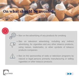 Ban on the advertising of any products for smoking
Ban on television advertising, including any indirect
advertising, for ...
