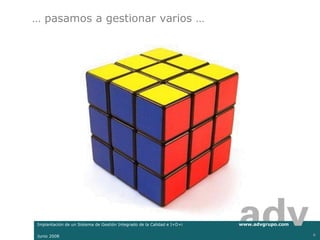 … pasamos a gestionar varios …




Implantación de un Sistema de Gestión Integrado de la Calidad e I+D+i   www.advgrupo.com

Junio 2008                                                                                 6
 