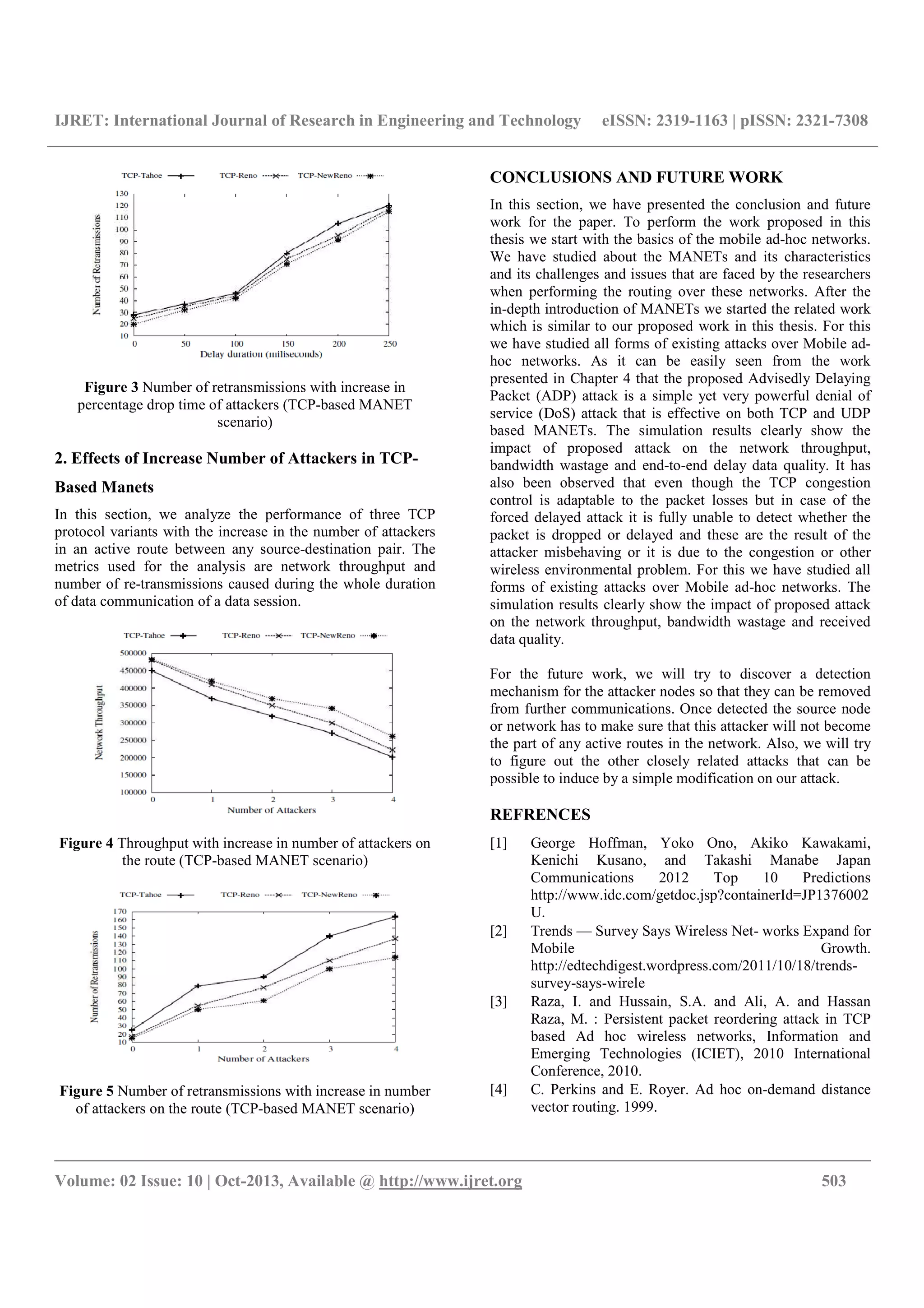 IJRET: International Journal of Research in Engineering and Technology eISSN: 2319-1163 | pISSN: 2321-7308
__________________________________________________________________________________________
Volume: 02 Issue: 10 | Oct-2013, Available @ http://www.ijret.org 503
Figure 3 Number of retransmissions with increase in
percentage drop time of attackers (TCP-based MANET
scenario)
2. Effects of Increase Number of Attackers in TCP-
Based Manets
In this section, we analyze the performance of three TCP
protocol variants with the increase in the number of attackers
in an active route between any source-destination pair. The
metrics used for the analysis are network throughput and
number of re-transmissions caused during the whole duration
of data communication of a data session.
Figure 4 Throughput with increase in number of attackers on
the route (TCP-based MANET scenario)
Figure 5 Number of retransmissions with increase in number
of attackers on the route (TCP-based MANET scenario)
CONCLUSIONS AND FUTURE WORK
In this section, we have presented the conclusion and future
work for the paper. To perform the work proposed in this
thesis we start with the basics of the mobile ad-hoc networks.
We have studied about the MANETs and its characteristics
and its challenges and issues that are faced by the researchers
when performing the routing over these networks. After the
in-depth introduction of MANETs we started the related work
which is similar to our proposed work in this thesis. For this
we have studied all forms of existing attacks over Mobile ad-
hoc networks. As it can be easily seen from the work
presented in Chapter 4 that the proposed Advisedly Delaying
Packet (ADP) attack is a simple yet very powerful denial of
service (DoS) attack that is effective on both TCP and UDP
based MANETs. The simulation results clearly show the
impact of proposed attack on the network throughput,
bandwidth wastage and end-to-end delay data quality. It has
also been observed that even though the TCP congestion
control is adaptable to the packet losses but in case of the
forced delayed attack it is fully unable to detect whether the
packet is dropped or delayed and these are the result of the
attacker misbehaving or it is due to the congestion or other
wireless environmental problem. For this we have studied all
forms of existing attacks over Mobile ad-hoc networks. The
simulation results clearly show the impact of proposed attack
on the network throughput, bandwidth wastage and received
data quality.
For the future work, we will try to discover a detection
mechanism for the attacker nodes so that they can be removed
from further communications. Once detected the source node
or network has to make sure that this attacker will not become
the part of any active routes in the network. Also, we will try
to figure out the other closely related attacks that can be
possible to induce by a simple modification on our attack.
REFRENCES
[1] George Hoffman, Yoko Ono, Akiko Kawakami,
Kenichi Kusano, and Takashi Manabe Japan
Communications 2012 Top 10 Predictions
http://www.idc.com/getdoc.jsp?containerId=JP1376002
U.
[2] Trends — Survey Says Wireless Net- works Expand for
Mobile Growth.
http://edtechdigest.wordpress.com/2011/10/18/trends-
survey-says-wirele
[3] Raza, I. and Hussain, S.A. and Ali, A. and Hassan
Raza, M. : Persistent packet reordering attack in TCP
based Ad hoc wireless networks, Information and
Emerging Technologies (ICIET), 2010 International
Conference, 2010.
[4] C. Perkins and E. Royer. Ad hoc on-demand distance
vector routing. 1999.
 