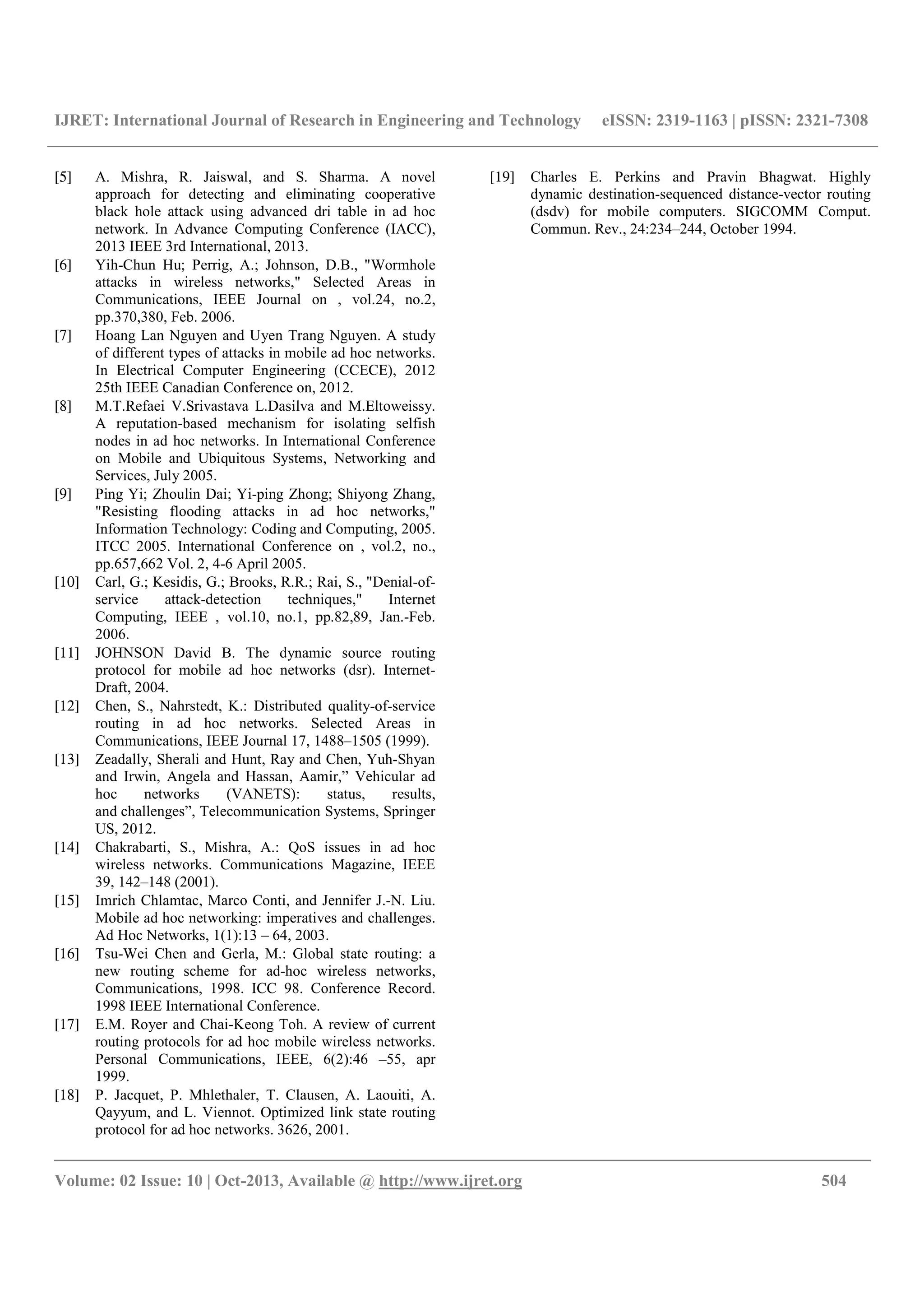 IJRET: International Journal of Research in Engineering and Technology eISSN: 2319-1163 | pISSN: 2321-7308
__________________________________________________________________________________________
Volume: 02 Issue: 10 | Oct-2013, Available @ http://www.ijret.org 504
[5] A. Mishra, R. Jaiswal, and S. Sharma. A novel
approach for detecting and eliminating cooperative
black hole attack using advanced dri table in ad hoc
network. In Advance Computing Conference (IACC),
2013 IEEE 3rd International, 2013.
[6] Yih-Chun Hu; Perrig, A.; Johnson, D.B., "Wormhole
attacks in wireless networks," Selected Areas in
Communications, IEEE Journal on , vol.24, no.2,
pp.370,380, Feb. 2006.
[7] Hoang Lan Nguyen and Uyen Trang Nguyen. A study
of different types of attacks in mobile ad hoc networks.
In Electrical Computer Engineering (CCECE), 2012
25th IEEE Canadian Conference on, 2012.
[8] M.T.Refaei V.Srivastava L.Dasilva and M.Eltoweissy.
A reputation-based mechanism for isolating selfish
nodes in ad hoc networks. In International Conference
on Mobile and Ubiquitous Systems, Networking and
Services, July 2005.
[9] Ping Yi; Zhoulin Dai; Yi-ping Zhong; Shiyong Zhang,
"Resisting flooding attacks in ad hoc networks,"
Information Technology: Coding and Computing, 2005.
ITCC 2005. International Conference on , vol.2, no.,
pp.657,662 Vol. 2, 4-6 April 2005.
[10] Carl, G.; Kesidis, G.; Brooks, R.R.; Rai, S., "Denial-of-
service attack-detection techniques," Internet
Computing, IEEE , vol.10, no.1, pp.82,89, Jan.-Feb.
2006.
[11] JOHNSON David B. The dynamic source routing
protocol for mobile ad hoc networks (dsr). Internet-
Draft, 2004.
[12] Chen, S., Nahrstedt, K.: Distributed quality-of-service
routing in ad hoc networks. Selected Areas in
Communications, IEEE Journal 17, 1488–1505 (1999).
[13] Zeadally, Sherali and Hunt, Ray and Chen, Yuh-Shyan
and Irwin, Angela and Hassan, Aamir,” Vehicular ad
hoc networks (VANETS): status, results,
and challenges”, Telecommunication Systems, Springer
US, 2012.
[14] Chakrabarti, S., Mishra, A.: QoS issues in ad hoc
wireless networks. Communications Magazine, IEEE
39, 142–148 (2001).
[15] Imrich Chlamtac, Marco Conti, and Jennifer J.-N. Liu.
Mobile ad hoc networking: imperatives and challenges.
Ad Hoc Networks, 1(1):13 – 64, 2003.
[16] Tsu-Wei Chen and Gerla, M.: Global state routing: a
new routing scheme for ad-hoc wireless networks,
Communications, 1998. ICC 98. Conference Record.
1998 IEEE International Conference.
[17] E.M. Royer and Chai-Keong Toh. A review of current
routing protocols for ad hoc mobile wireless networks.
Personal Communications, IEEE, 6(2):46 –55, apr
1999.
[18] P. Jacquet, P. Mhlethaler, T. Clausen, A. Laouiti, A.
Qayyum, and L. Viennot. Optimized link state routing
protocol for ad hoc networks. 3626, 2001.
[19] Charles E. Perkins and Pravin Bhagwat. Highly
dynamic destination-sequenced distance-vector routing
(dsdv) for mobile computers. SIGCOMM Comput.
Commun. Rev., 24:234–244, October 1994.
 