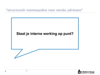 “structurele voorwaarden voor sterke adviezen”




      Staat je interne werking op punt?




           11
 