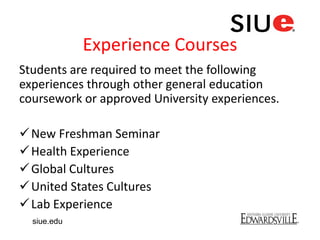 Experience Courses
Students are required to meet the following
experiences through other general education
coursework or approved University experiences.
New Freshman Seminar
Health Experience
Global Cultures
United States Cultures
Lab Experience
siue.edu
 