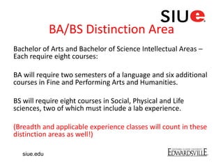 BA/BS Distinction Area
Bachelor of Arts and Bachelor of Science Intellectual Areas –
Each require eight courses:
BA will require two semesters of a language and six additional
courses in Fine and Performing Arts and Humanities.
BS will require eight courses in Social, Physical and Life
sciences, two of which must include a lab experience.
(Breadth and applicable experience classes will count in these
distinction areas as well!)
siue.edu
 