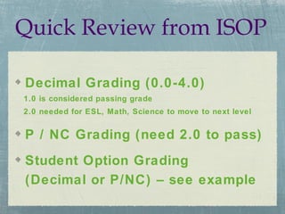 Quick Review from ISOP

Decimal Grading (0.0-4.0)
1.0 is considered passing grade
2.0 needed for ESL, Math, Science to move to next level


P / NC Grading (need 2.0 to pass)
Student Option Grading
(Decimal or P/NC) – see example
 