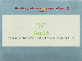 Use this grade only 1x as part of your 12
                       credits




                     “N”
                    Audit
(Appears on transcript, but not calculated in the GPA)
 