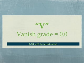 “V”
Vanish grade = 0.0
    I-20 will be terminated.
 